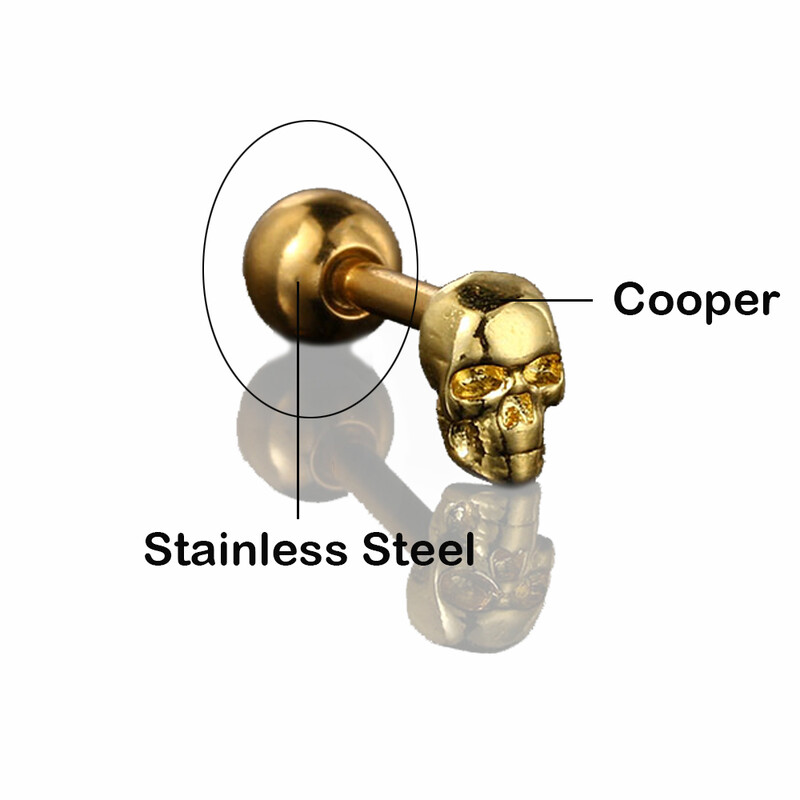 Cercei cu craniu pentru femei, stil punk, schelet mic, piercing din oțel inoxidabil, Helix, culoare auriu, șurub, ureche, cadou de Halloween CC177