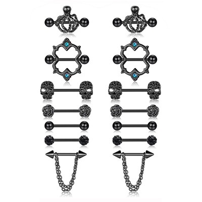 7 ζεύγη από ανοξείδωτο ατσάλι 316L μαύρα γυναικεία δαχτυλίδια τρυπήματος θηλής, χταπόδι, κρανίο, κωνική αλυσίδα και άλλο δαχτυλίδι θηλής με μπάρα