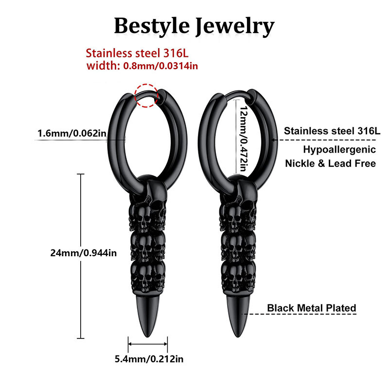 1 pāris Cool Goth Skull Bullet auskaru vīriešiem un sievietēm, melni/vara Helovīna auskari, nerūsējošais tērauds.