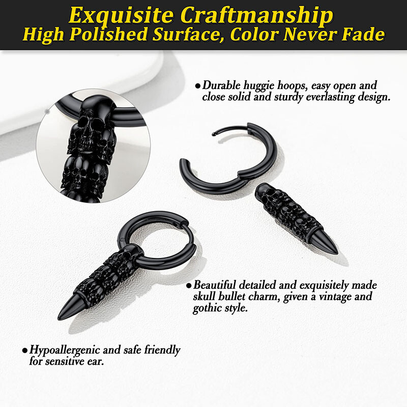 1 pāris Cool Goth Skull Bullet auskaru vīriešiem un sievietēm, melni/vara Helovīna auskari, nerūsējošais tērauds.