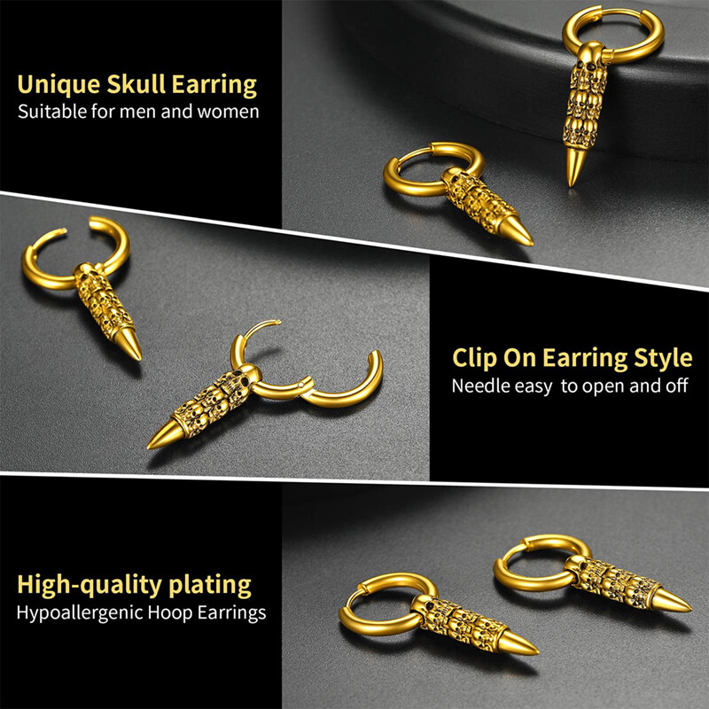 1 pāris Cool Goth Skull Bullet auskaru vīriešiem un sievietēm, melni/vara Helovīna auskari, nerūsējošais tērauds.