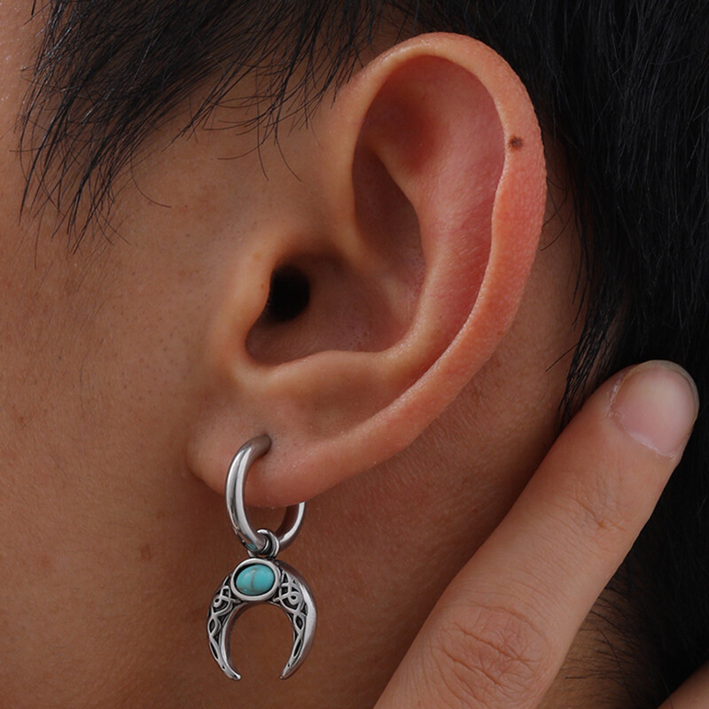 Cercei de lună de epocă pentru bărbați băieți, cercei cu cerc din oțel inoxidabil din piatră naturală verde, cadouri noi de bijuterii la modă