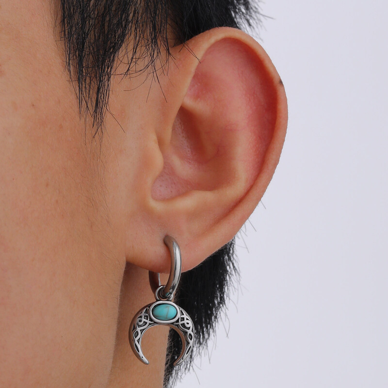 Cercei de lună de epocă pentru bărbați băieți, cercei cu cerc din oțel inoxidabil din piatră naturală verde, cadouri noi de bijuterii la modă