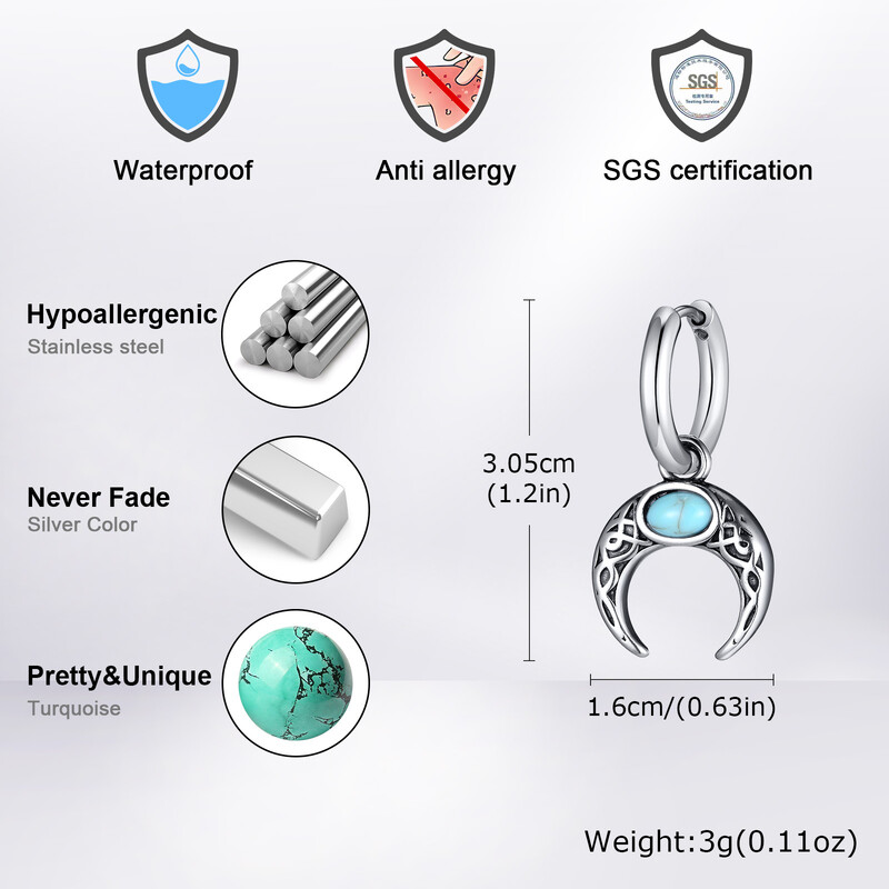 Cercei de lună de epocă pentru bărbați băieți, cercei cu cerc din oțel inoxidabil din piatră naturală verde, cadouri noi de bijuterii la modă