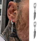 Vyriški plunksnų nuleidžiami auskarai, nerūdijančio plieno sparneliai Huggies lanko auskarai, roko pankroko senovinės šaunios juvelyrikos dovanos