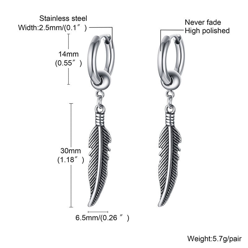 Vyriški plunksnų nuleidžiami auskarai, nerūdijančio plieno sparneliai Huggies lanko auskarai, roko pankroko senovinės šaunios juvelyrikos dovanos