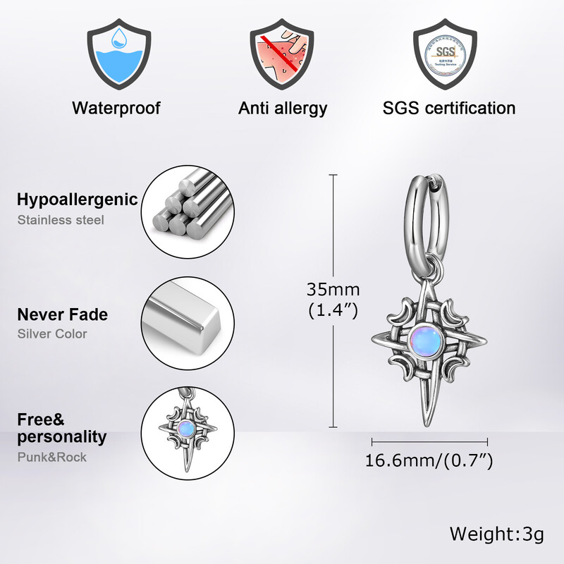 Moonstone nerūsējošā tērauda stīpas auskari vīriešiem, zēniem, ūdensizturīgs nerūsējošā tērauda zvaigžņu auss, jaunas modes hiphop rotaslietas dāvanas