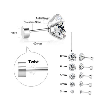 LUXUSTEEL 1Pairs/2Pcs Ανοξείδωτα κρύσταλλα σκουλαρίκια για Γυναικεία Ανδρικά 4 Prong Tragus Round Clear Cubic Zirconia Ear Jewelry