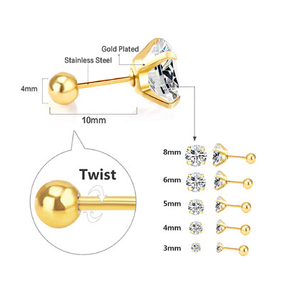 LUXUSTEEL 1 par/2 kom. Naušnice s kristalnim klinovima od nehrđajućeg čelika za žene, muškarce, 4 zupca Tragus, okrugli prozirni kubni cirkonij, nakit za uho