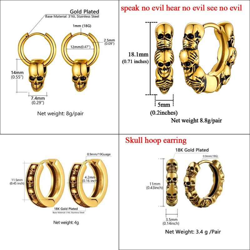 ChainsPro nerūsējošā tērauda galvaskausa stīpas auskari vīriešiem sievietēm skelets Huggie retro vintage gotikas panks unisex ikdienas rotaslietas CP903