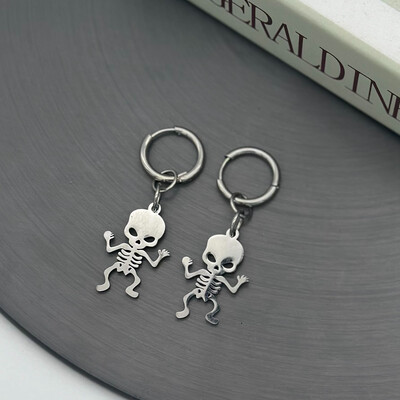 Пънк готически обеци Huggie Skeleton от неръждаема стомана за жени Мъже Y2K Emo Skull Drop Earrings