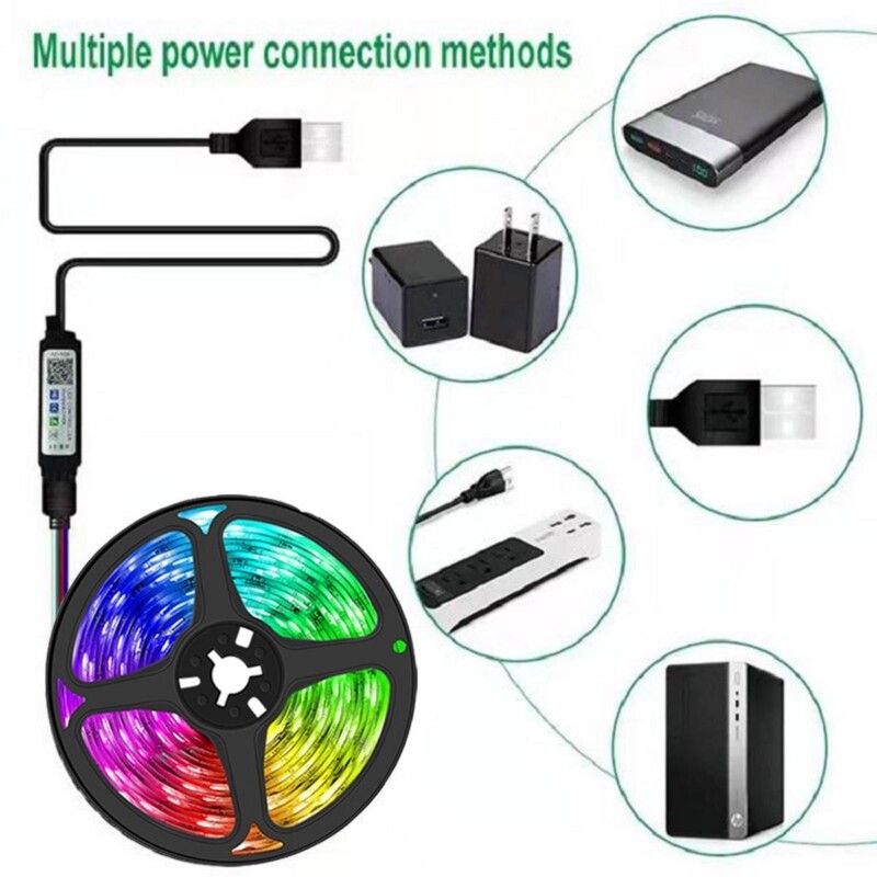LED juostinė lemputė RGB 1-20M 5050 12/LED USB Bluetooh lanksti lempos juosta su nuotolinio valdymo pulteliu, skirta televizoriaus apšvietimui namų vakarėliui dekoruoti