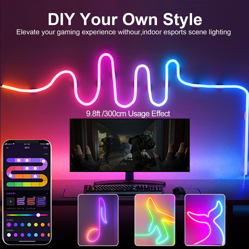 Bandă de lumină cu neon LED 1/2/3M Silicon Neon Corda Lumină Sincronizare muzică Aplicație DIY MeRGBW Bandă de urmărire multicoloră pentru decorarea peretelui camerei