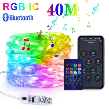 40M RGBIC LED низ WS2812B Bluetooth USB Музика Мечтана цветна светлина 5V Коледно парти за рожден ден Гирлянд Декор Фея Светлини Начало