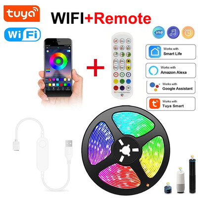 Tuya LED juostinė lemputė WIFI APP Control 5050 RGB LED lemputės Alexa lanksčios juostelės Luces Led 5V USB televizoriaus foninio apšvietimo kambario dekoravimas
