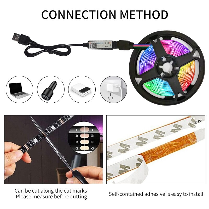 3M USB RGB LED bandă de lumină 60 leduri 5 V SMD2835 control Bluetooth bandă flexibilă lampă pentru dormitor computer TV iluminare din spate