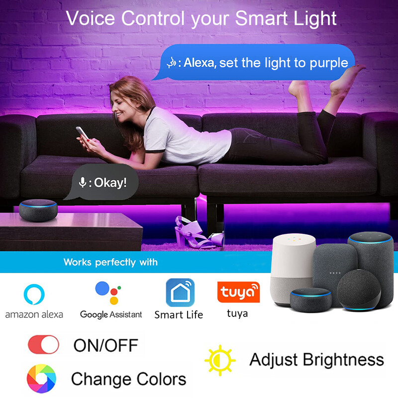 Viedās Wi-Fi LED sloksnes gaismas RGB 5050 LED lente Tuya Smart Life, vadāma, strādājiet ar Alexa Google Home, ballīšu telpas dekorēšanai