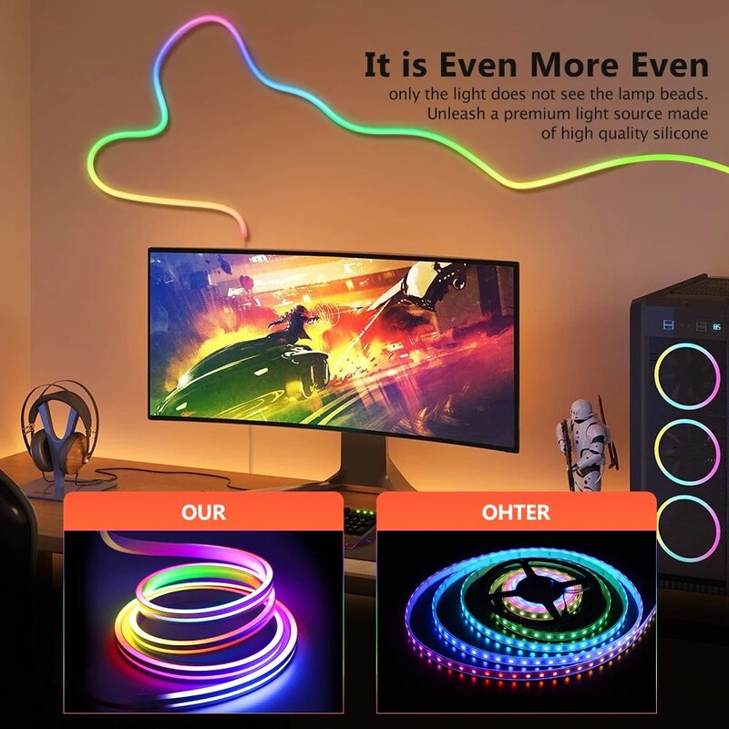 „Bluetooth“ LED neoniniai LED juostiniai šviestuvai Neoniniai lynų šviestuvai su muzikos sinchronizavimu RGBIC Dreamcolor juostelė, skirta kambario žaidimų dekoravimui