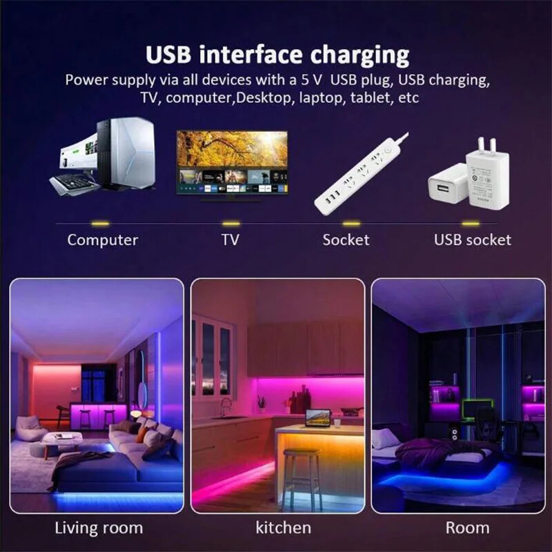 LED lemputės Bluetooth 5050 SMD USB LED juostelė Alexa APP Control WIFI RGB Lipnios Luces Led TV foninio apšvietimo lempos kambario dekoravimui