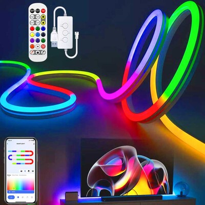 TUYA LED neoncsíkos lámpa USB 5V szilikon neon kötéllámpák 72LED/M zeneszinkronnal RGBIC Dreamcolor hajsza szalag szalag szobához