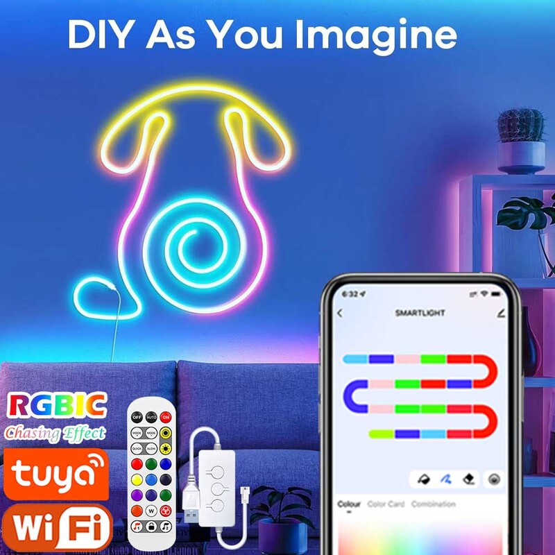 TUYA LED neoninė juostelė, USB 5V silikoniniai neoniniai lynų žibintai 72LED/M su muzikos sinchronizavimu RGBIC Dreamcolor juostelė kambariui