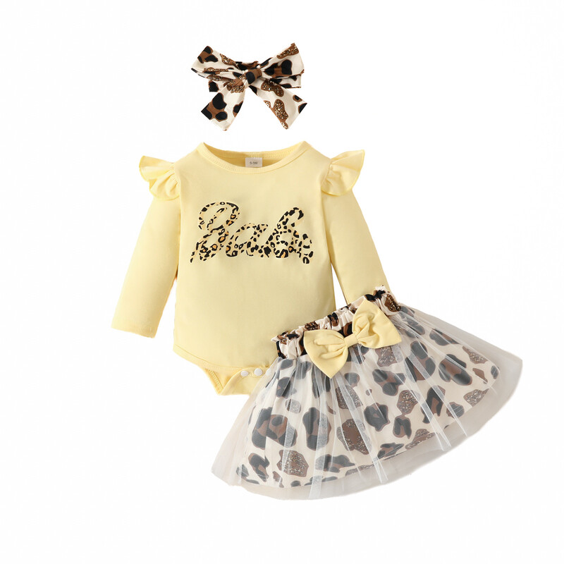 0–2 metų mergaitėms ilgomis rankovėmis leopardo rašto trikampis džemperis + tinklinis sijonas leopardo raštais, juosteliniai kūdikių drabužėliai