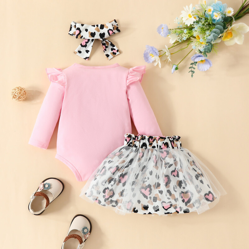 0–2 metų mergaitėms ilgomis rankovėmis leopardo rašto trikampis džemperis + tinklinis sijonas leopardo raštais, juosteliniai kūdikių drabužėliai