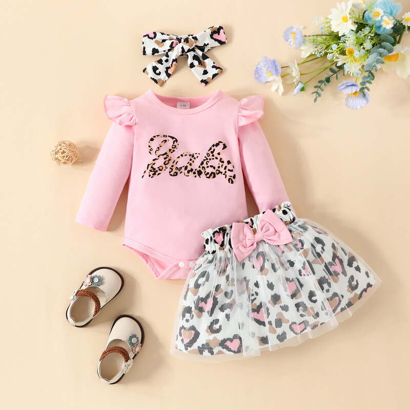 0–2 metų mergaitėms ilgomis rankovėmis leopardo rašto trikampis džemperis + tinklinis sijonas leopardo raštais, juosteliniai kūdikių drabužėliai