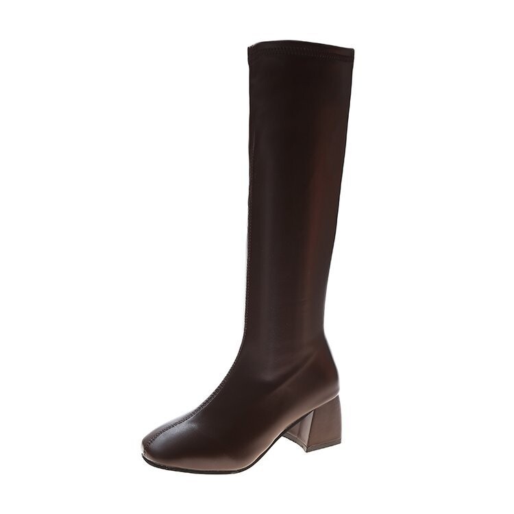 Bet ceļgalu zābaki sievietēm 2024 rudens un ziemas jauni retro kvadrātveida purngalu biezi papēžu zābaki sievietēm plāni augsti bruņinieku zābaki