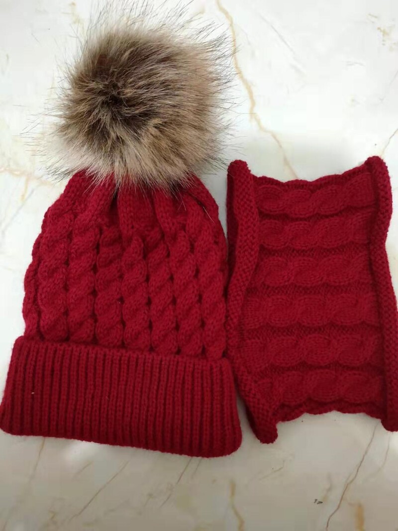 Bērnu cepure ziemas āra ar šalles uzvalku vienkrāsains āra vilnas cepure sabiezināta silta adīta vilnas cepure bumba