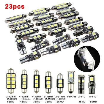 23 τεμ. Led Car Light Bulb T10 Εσωτερικός χάρτης Dome Trunk πινακίδα κυκλοφορίας κιτ λαμπτήρων εξαιρετικά λεπτού σχήματος White Lights Σετ φωτιστικών αυτοκινήτου