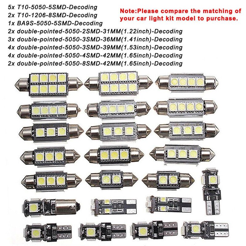 23 τεμ. Led Car Light Bulb T10 Εσωτερικός χάρτης Dome Trunk πινακίδα κυκλοφορίας κιτ λαμπτήρων εξαιρετικά λεπτού σχήματος White Lights Σετ φωτιστικών αυτοκινήτου