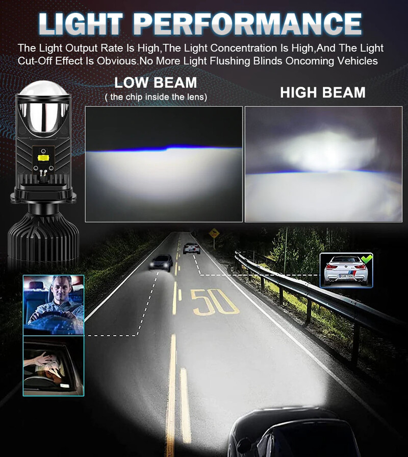 H4 LED projektoriaus objektyvas priekinis žibintas Automobilio LED priekinis žibintas Canbus 6000K Hi/Lo Beam lemputė su turbo ventiliatoriumi 22000LM 90W automobiliui/motociklui 12V