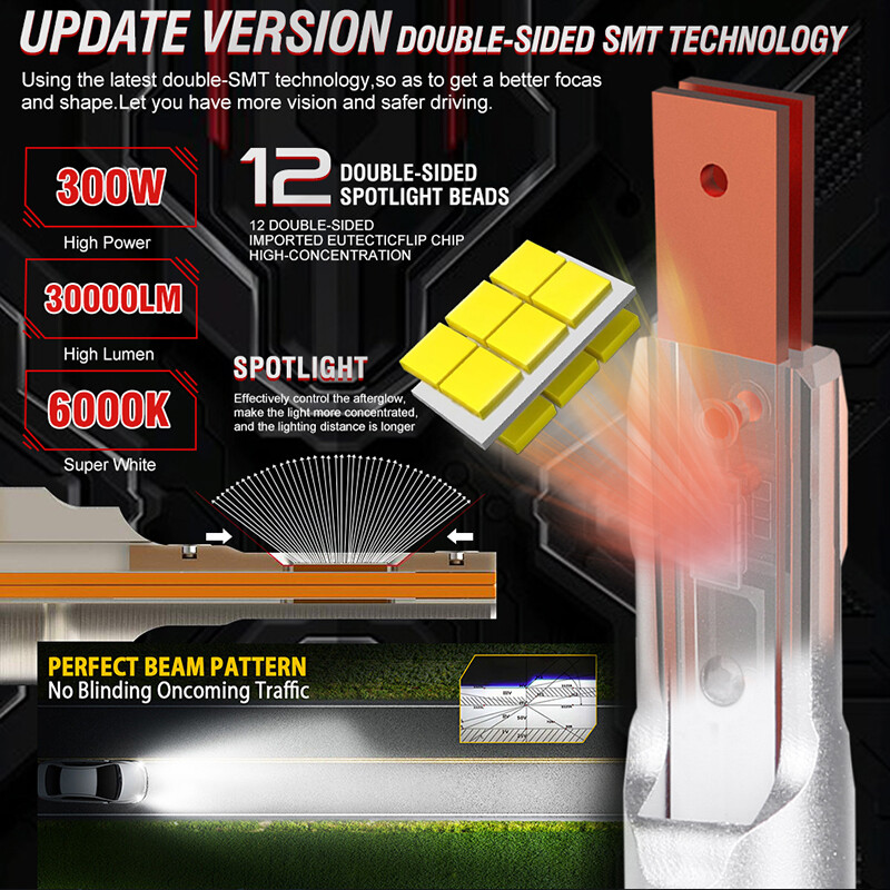 300W 30000LM H7 H4 H11 LED automobilio priekinių žibintų lemputės H1 H8 H9 9005 HB3 9006 HB4 6500K baltas CSP lustas be ventiliatoriaus be ventiliatoriaus lemputės vario juosta