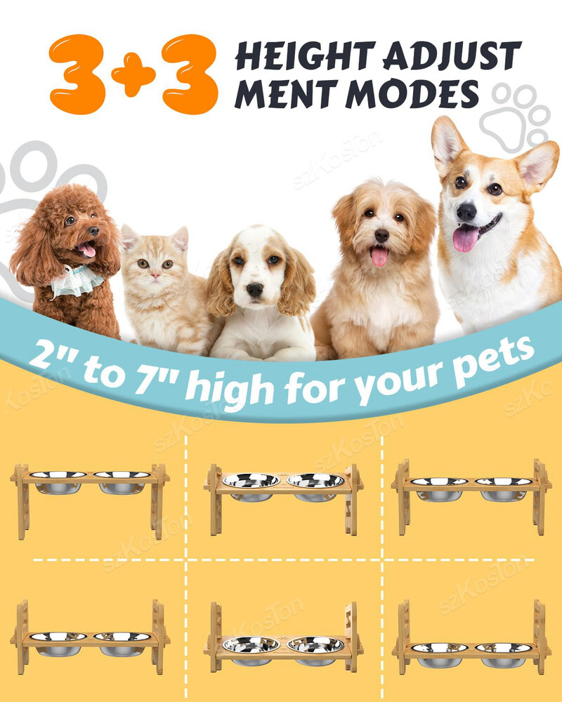 Emelt kutyatálak Bambusz dönthető, állítható kutyaetető állvány rozsdamentes acél etetőtálakkal kölyökkutyáknak macskáknak kisállat-kiegészítők