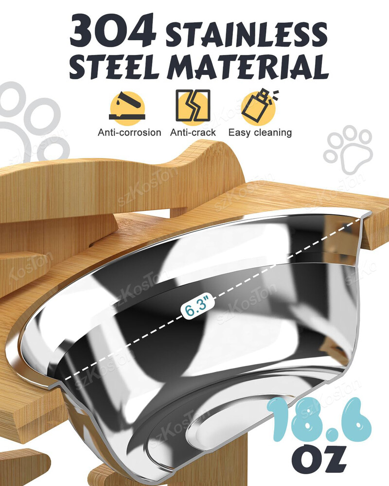 Emelt kutyatálak Bambusz dönthető, állítható kutyaetető állvány rozsdamentes acél etetőtálakkal kölyökkutyáknak macskáknak kisállat-kiegészítők