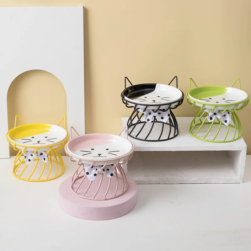 Katės dubuo keraminis aukšto pėdos kaklo apsaugos maisto dubuo seklios burnos didelio kalibro naminių gyvūnėlių maisto dubuo Garfield specialus plokščias veido užkandis