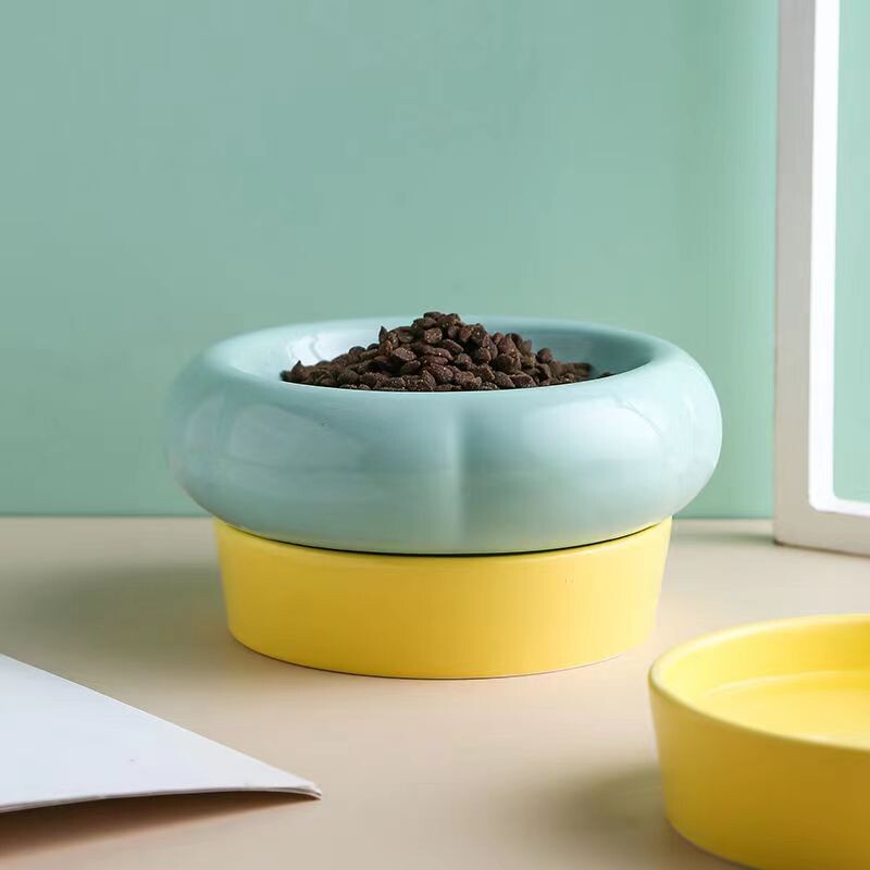 Bol pentru pisici, drăguț, din ceramică, cu două scopuri, pentru băut cu cereale, anti-răsturnare, farfurie cu capul cutiei pentru animale de companie, cu strat dublu, bol pentru băut.