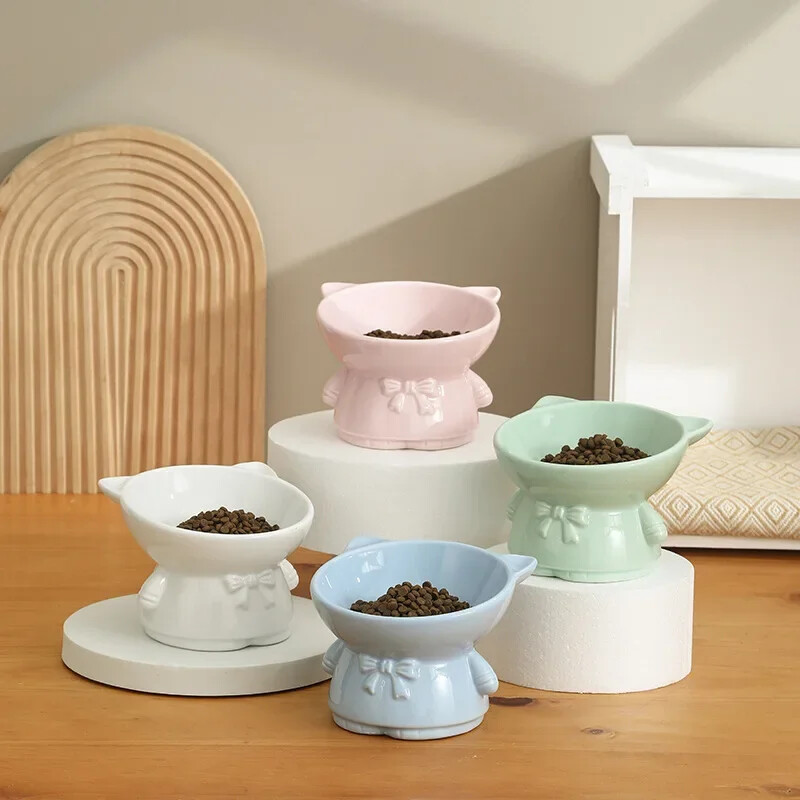 Συνδυασμός κεραμικού μπολ για γάτα Διπλό μπολ Ψηλά πόδια λοξό στόμα λαιμό προστατευτικό λαιμού πόσιμου νερού Λεκάνη σκύλου Γάτα Ρύζι μπολ Προμήθειες για κατοικίδια