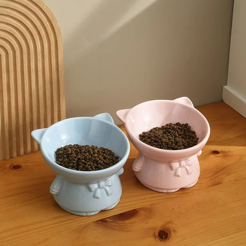 Συνδυασμός κεραμικού μπολ για γάτα Διπλό μπολ Ψηλά πόδια λοξό στόμα λαιμό προστατευτικό λαιμού πόσιμου νερού Λεκάνη σκύλου Γάτα Ρύζι μπολ Προμήθειες για κατοικίδια