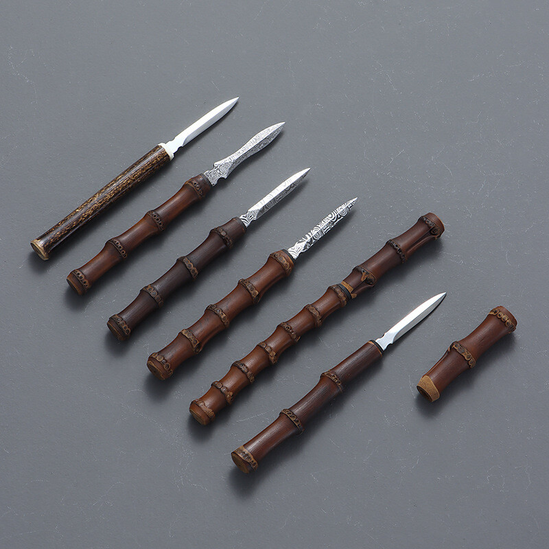 Zen Bamboo Whip Pu`er arbatos peilis Damasko raštas nerūdijančio plieno arbatos kūgio arbatos ceremonijos priedai Rankų darbo bambuko arbatos peilis su medine rankena