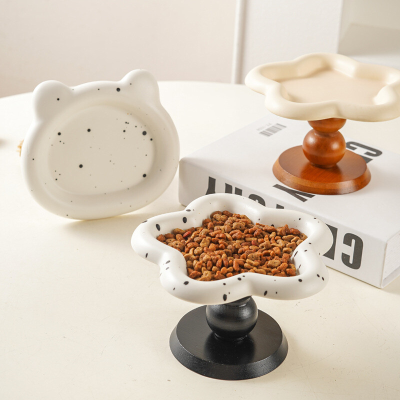 Nou castron pentru pisici de calibru mare în stil de mijlocul secolului Bol înalt din ceramică pentru animale de companie Bol înalt din lemn pentru câini Protecție pentru gât Bol ridicat pentru mâncare pentru pisici