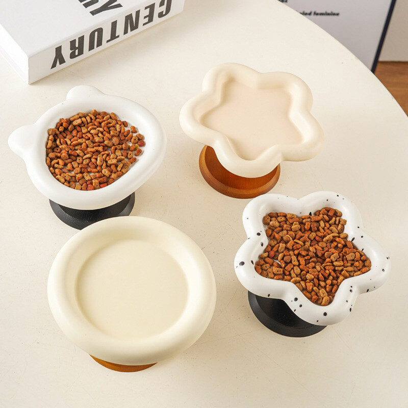 Nou castron pentru pisici de calibru mare în stil de mijlocul secolului Bol înalt din ceramică pentru animale de companie Bol înalt din lemn pentru câini Protecție pentru gât Bol ridicat pentru mâncare pentru pisici