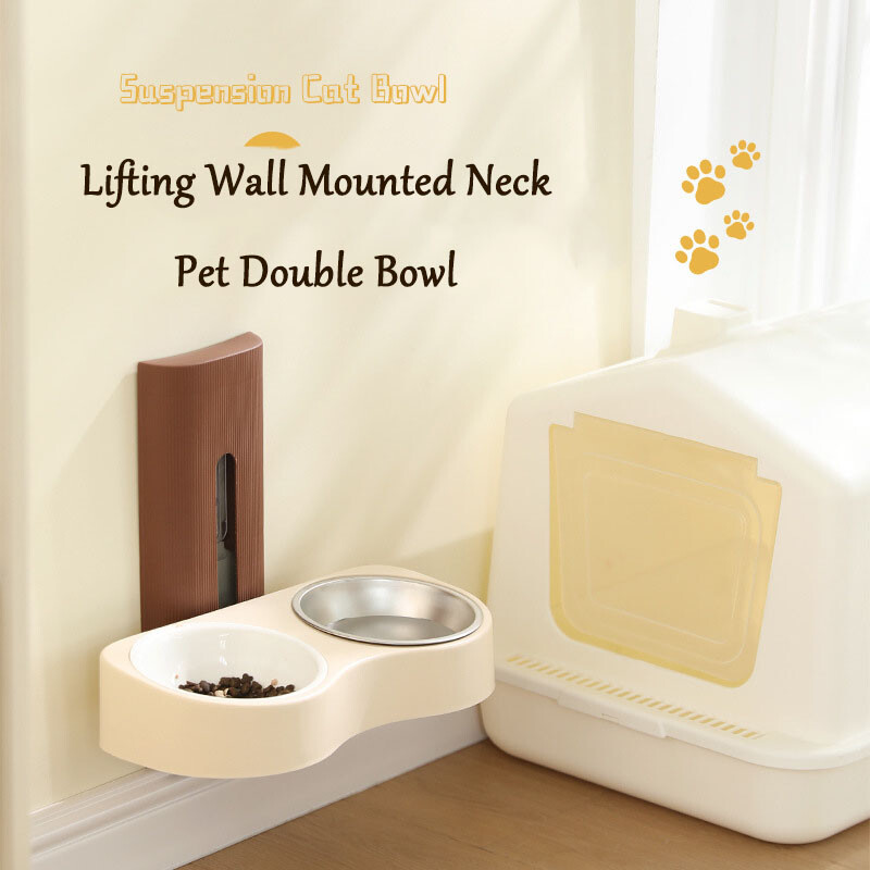 Bol dublu montat pe perete pentru animale de companie, din ceramică, din oțel inoxidabil, dozator de apă pentru pisici, bol pentru câini, înălțime reglabilă, bazin pentru mâncare pentru pisici