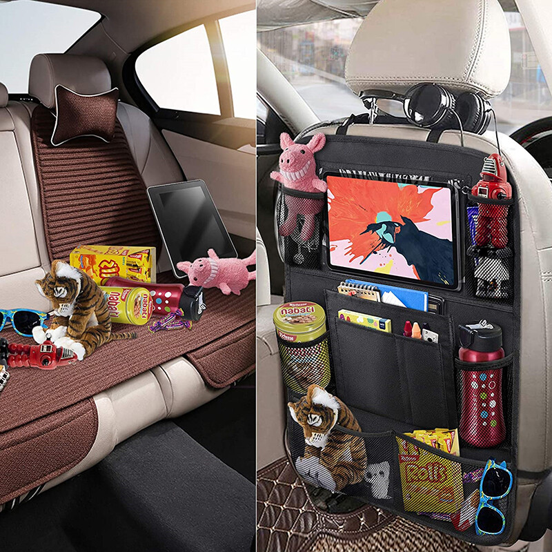 Autósülés háttámlája Több zsebes függeszthető tárolótáska tabletta pohártartó Rendező rúgásgátló szőnyegek gyerekeknek