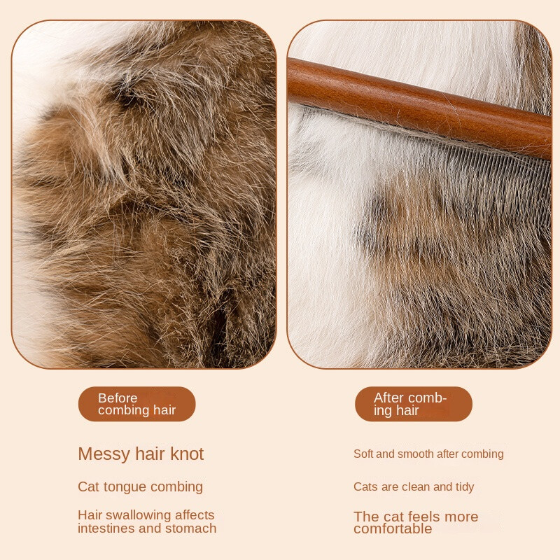 Pieptene pentru pisici Accesorii pentru pisici Dispozitiv de îndepărtare a părului pentru animale de companie din oțel inoxidabil Mâner din lemn Pieptene solid pentru păr de pisică pentru îngrijirea animalelor de companie Instrument de curățare perie pentr