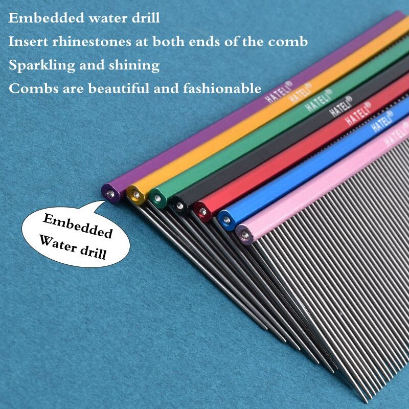 7 krāsu mājdzīvnieku kopšanas ķemme ar platiem zobiem, profesionāla viegla alumīnija nerūsējošā tērauda kaķu ķemme, matu trimmera suka, suņu ķemme 16/19 cm