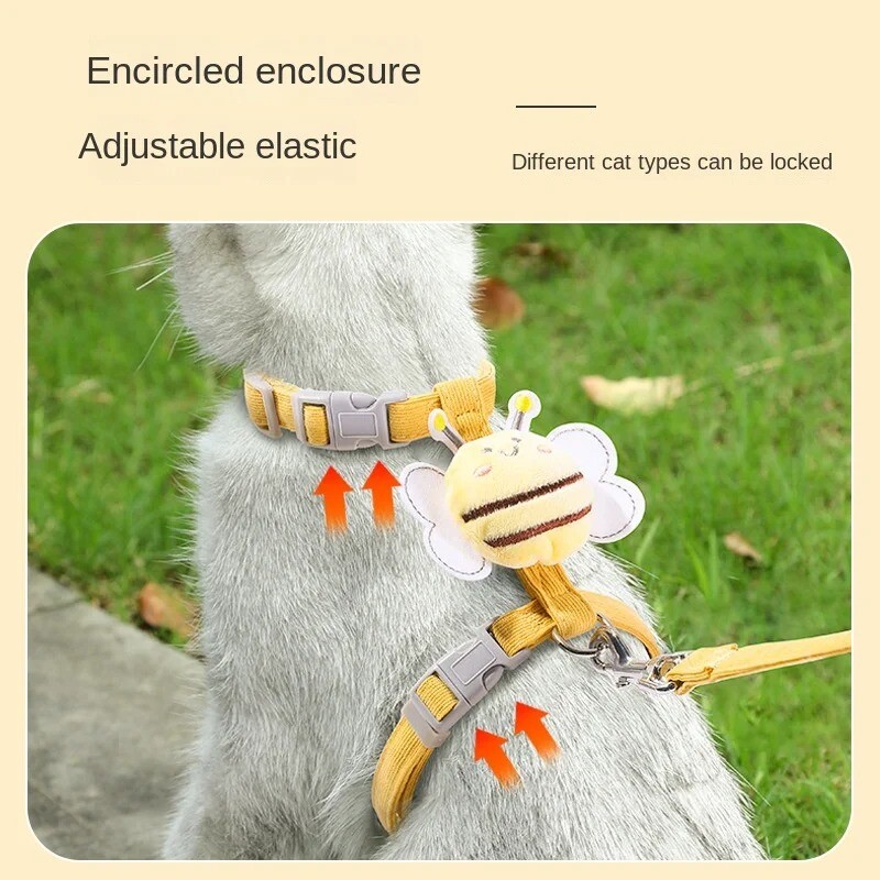 Kaķu siksnas pavadas kaklasiksnas komplekts, regulējams multiplikācijas filmu bišu divslāņu suņu iejūgs maziem un vidējiem mājdzīvnieku kaklasiksnas siksnām āra pastaigām