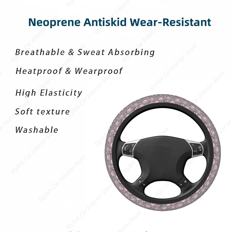 Husa volanului Paw Prints universal 14,5-15,5 inch, drăguț pentru accesorii pentru mașină, elastic, potrivit pentru auto SUV Sedan