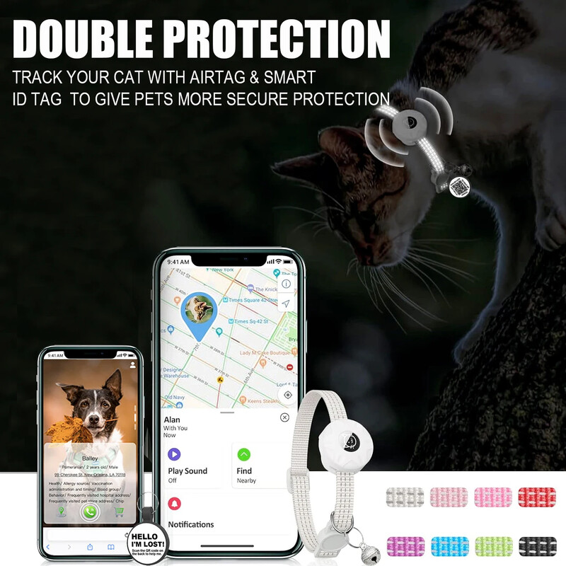 Pretpazaudēta kaķa kakla siksna Apple AirTag, QR taga vaicājuma kontakti Kaķēnu mājdzīvnieku produkti, GPS izsekotāja pozicionēšanas apkakles ar gaisa marķējuma turētāju
